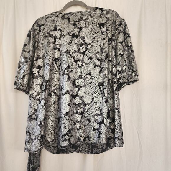 MICHAEL KORS Womens Black Silver Metallic Faux Wrap Top NWT 3X Holiday Festive - Picture 4 of 11